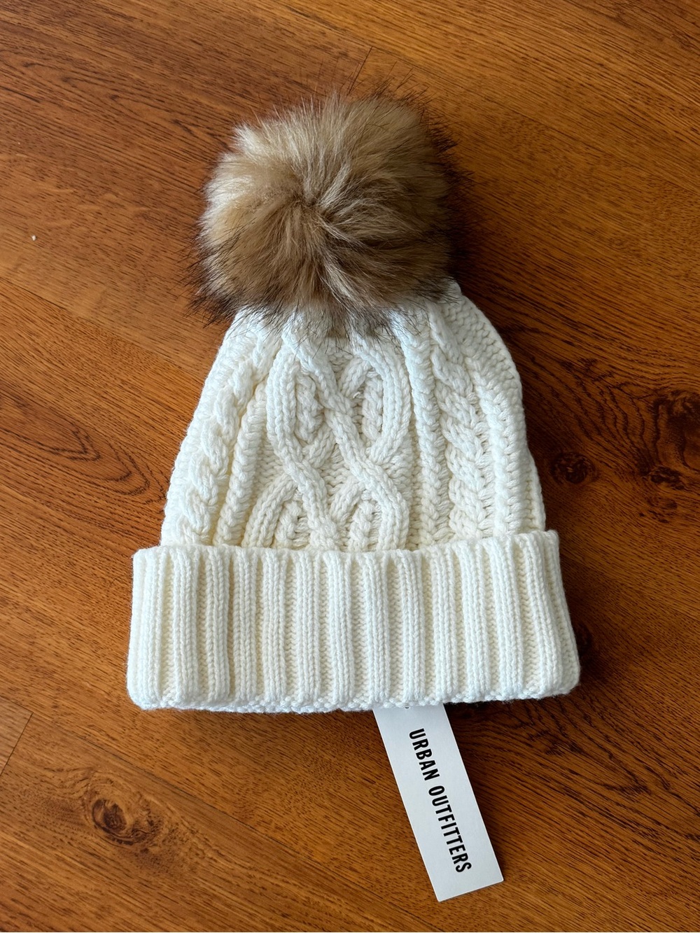 Urban Outfitters Cream Cable Knit Pom Beanie with Brown Faux-Fur Pom